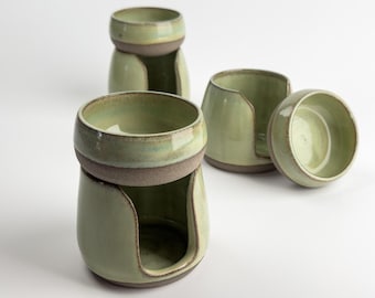 Handmade Green Ceramic Oil Burner – Stoneware Wax Melt Burner for Essential Oils – Minimal Aromatherapy Home Decor