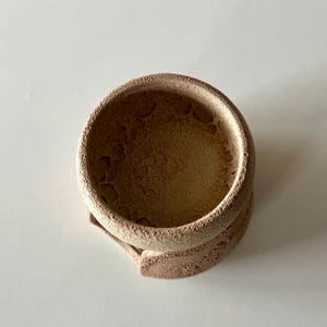 K&ouml;nnte beinhalten: Ein kleines, kreisf&ouml;rmiges, schalenf&ouml;rmiges Objekt mit einer texturierten, por&ouml;sen Oberfl&auml;che in Beige- und Hellbraunt&ouml;nen. Das Innere weist ein kraterartiges, unebenes Aussehen auf, w&auml;hrend die &auml;u&szlig;ere Basis einen dunkleren, gesprenkelten Ton zeigt.