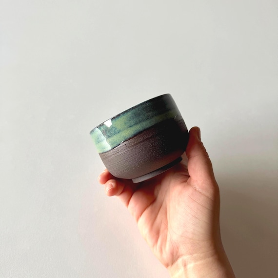 Black Stoneware Cup – Ocean Blue-Green Gloss Glaze, Minimal Handleless Handmade Ceramic Drinkware