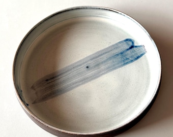 Handmade Black Stoneware Plate: White Glaze, Navy Brushstroke