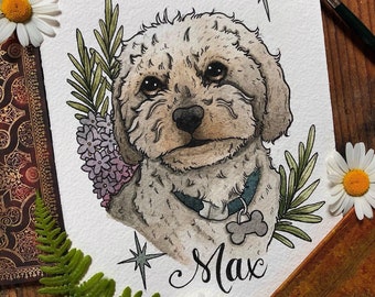 Personalised handpainted watercolour pet portrait neotraditional illustration with name on arches paper / all pets - dog,cat,bird,horse etc