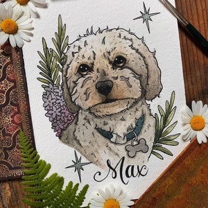 Ritratto di animale domestico dipinto a mano personalizzato ad acquerello, illustrazione neotradizionale con nome su carta Arches / tutti gli animali domestici - cane, gatto, uccello, cavallo A5