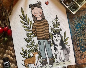 met de hand geschilderde familieillustratie op maat portret schattig illustratief familiewaterverfschilderij met huisdieren, gepersonaliseerd cadeau, paarportret