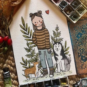 handpainted family illustration custom portrait cute illustrative family watercolour painting with pets, personalized gift, couple portrait