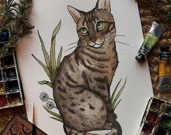 custom full body pet portrait watercolour pet portrait dog cat bird illustration on A4 perfect gift in neotraditional tattoo style