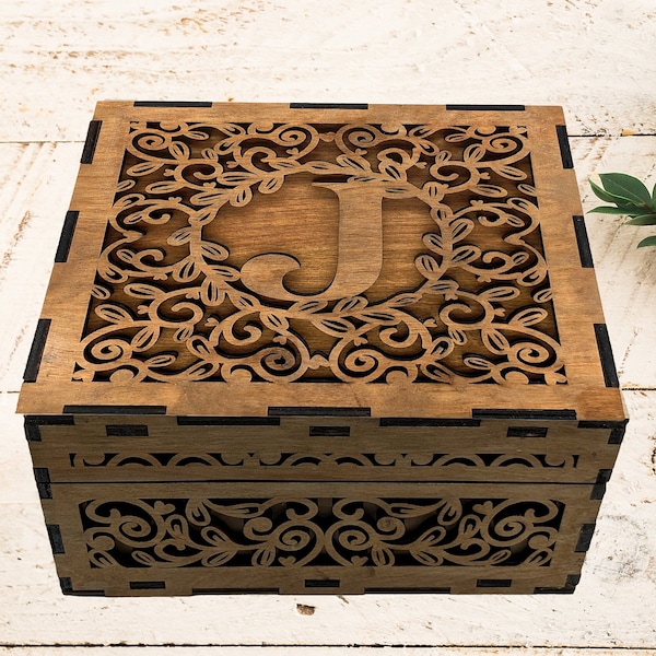 Elegant Wooden Monogram Box with Fitted Lid, Wedding Box