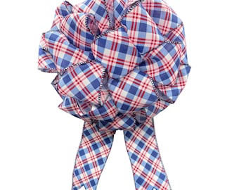 Patriotic Bow for Wreath, Red White and Blue Plaid Bow, 4th of July, Memorial Day, Independence Day Decor