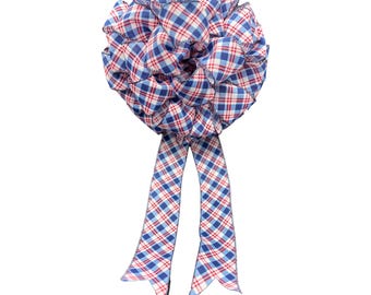 Patriotic Bow for Wreath, Red White and Blue Plaid Bow, 4th of July, Memorial Day, Independence Day Decor