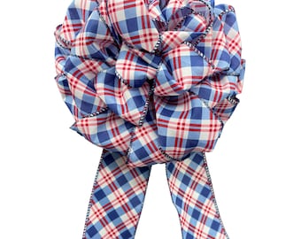 Patriotic Bow for Wreath, Red White and Blue Plaid Bow, 4th of July, Memorial Day, Independence Day Decor