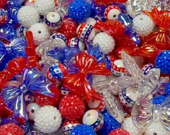 Patriotisk röd vit blå pärlmix | 4 juli strasspärlor med stjärnrosett