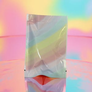 May include: A clear, iridescent pouch with a rainbow striped design. The pouch is sealed at the top and bottom, and the stripes include pastel shades of pink, yellow, green, and blue. The background is a gradient of pink, yellow, and blue.