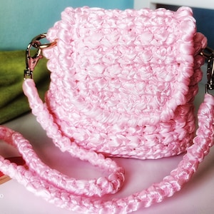 Pink satin ribbons purse for girl. Crochet top handle handbag.