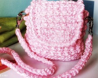 Pink satin ribbons purse for girl. Crochet top handle handbag.