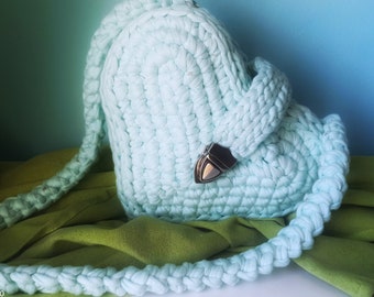 Crochet handbag for girl and women. Light blue heart crochet purse for girls and women