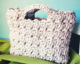 Crochet Tote Bag. Gray crochet small handbag