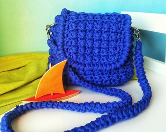 Crochet bag for girl and women. Cute blue crochet handbag.