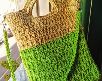 Green Beige Crochet Tote Bag, Market Bag, Beach bag, crossbody handbag