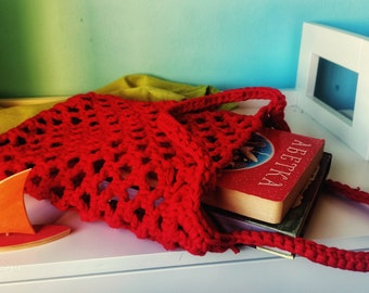 Red Crochet Tote Bag, crochet market handbag