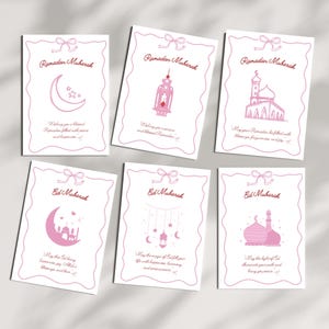 Conjunto de 6 cartões Coquette Ramadan & Eid | Digital, para impressão | Fundo branco | Mesquita, lua, lanterna | Cartões de felicitações islâmicos para download instantâneo