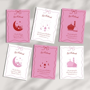 Conjunto de 6 cartões Eid Mubarak para impressão | Download digital | Mesquita, Lua, Lanterna | Cartões de desejo e felicitações Eid | Cartão de decoração islâmico feliz Eid