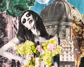 Avant-Garde Fashion Collage Art Print, Blooming Cityscape
