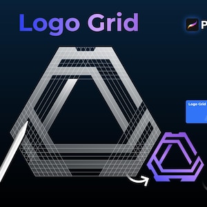 Könnte beinhalten: Grafikdesign mit einem Logo-Raster-Konzept mit einer geometrischen Form. Das Bild enthält den Text "Logo Grid" in Farbverlauf-Lila und das Procreate-Logo. Zusätzliche Elemente sind ein Stift und eine kleinere Logo-Variante.