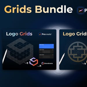 May include: A digital art product bundle titled "Grids Bundle" for Procreate, featuring logo grid templates. The image showcases two design examples with grid overlays, a cube and a circular design, and a stylus.