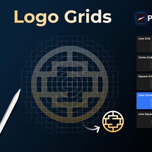 Könnte beinhalten: Eine digitale Grafik, die die Logo-Raster-Funktion von Procreate bewirbt. Das Bild zeigt ein Logo-Raster-Beispiel, einen Stift und verschiedene Rastertypen: Linie, Kreis, Quadrat, Linienkreis und Linienquadrat. Das Procreate-Logo befindet sich oben rechts.