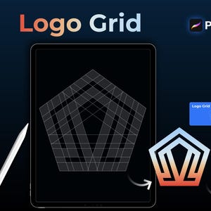 以下が含まれることがあります： ロゴグリッドデザインプロセスのデジタルイラスト。画像には、グリッド、スタイラス、テキスト「Logo Grid」と「Procreate」のロゴデザインが描かれたタブレットが表示されています。青い長方形には「Logo Grid 01」と「Brandname」の最終ロゴが表示されています。