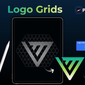 以下が含まれることがあります： Procreateアプリのロゴが表示されたタブレットで、ロゴデザイングリッドを示すデジタルイラスト。幾何学模様のロゴデザインと「Logo Grids」の文字が特徴です。スタイラスが左側に表示されています。