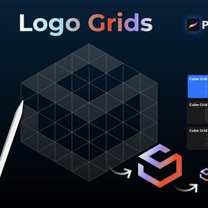 May include: A digital art graphic with the text "Logo Grids" in white, orange, and purple. A cube grid is shown with a stylus, along with a logo and the Procreate logo. Three cube grid examples are displayed.