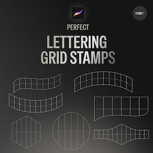 Può includere: Grafica grigio scuro con il testo "PERFECT LETTERING GRID STAMPS" e vari design di timbri a griglia. L'immagine include un logo e la parola "BUNDLE".
