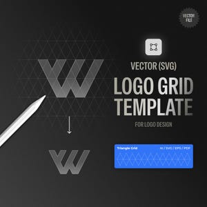 May include: A graphic design template for logo creation. The image features a silver "W" logo design on a dark background, with the text "LOGO GRID TEMPLATE" and "VECTOR (SVG)". A white stylus points to the logo, and a blue rectangle displays "Triangle Grid".