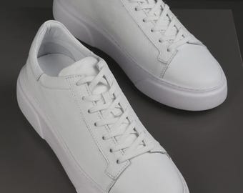 Men's White Leather Sneakers – Handmade Casual Shoes – Minimalist White-Soled Sneakers – Urban Street Style