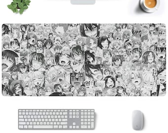 May include: A black and white mousepad with a collage of anime faces. The mousepad is designed to be used with a computer mouse.