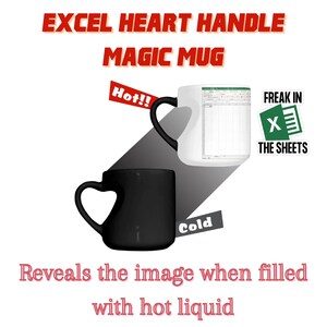 Può includere: Una tazza magica nera con un manico a forma di cuore. La tazza è fredda e mostra una superficie nera. Quando riempita con liquido caldo, la tazza rivela un'immagine di un foglio di calcolo Excel con il testo "Freak in the sheets" e un logo Excel.
