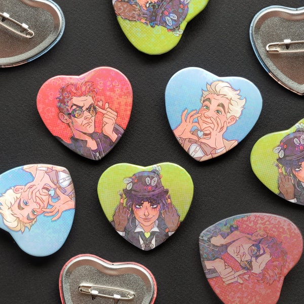 Botones de corazón de 2" de Buenos Presagios // Crowley // Aziraphale // Beelzebub // Efecto holográfico de corazón