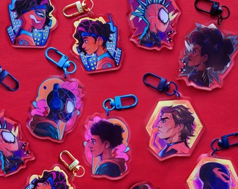 Spiderverse 2.5'' Flip Charms | Miguel O'Hara | Miles Morales | Hobie Brown | Pavitr Prabhakar | Epoxy Keychains