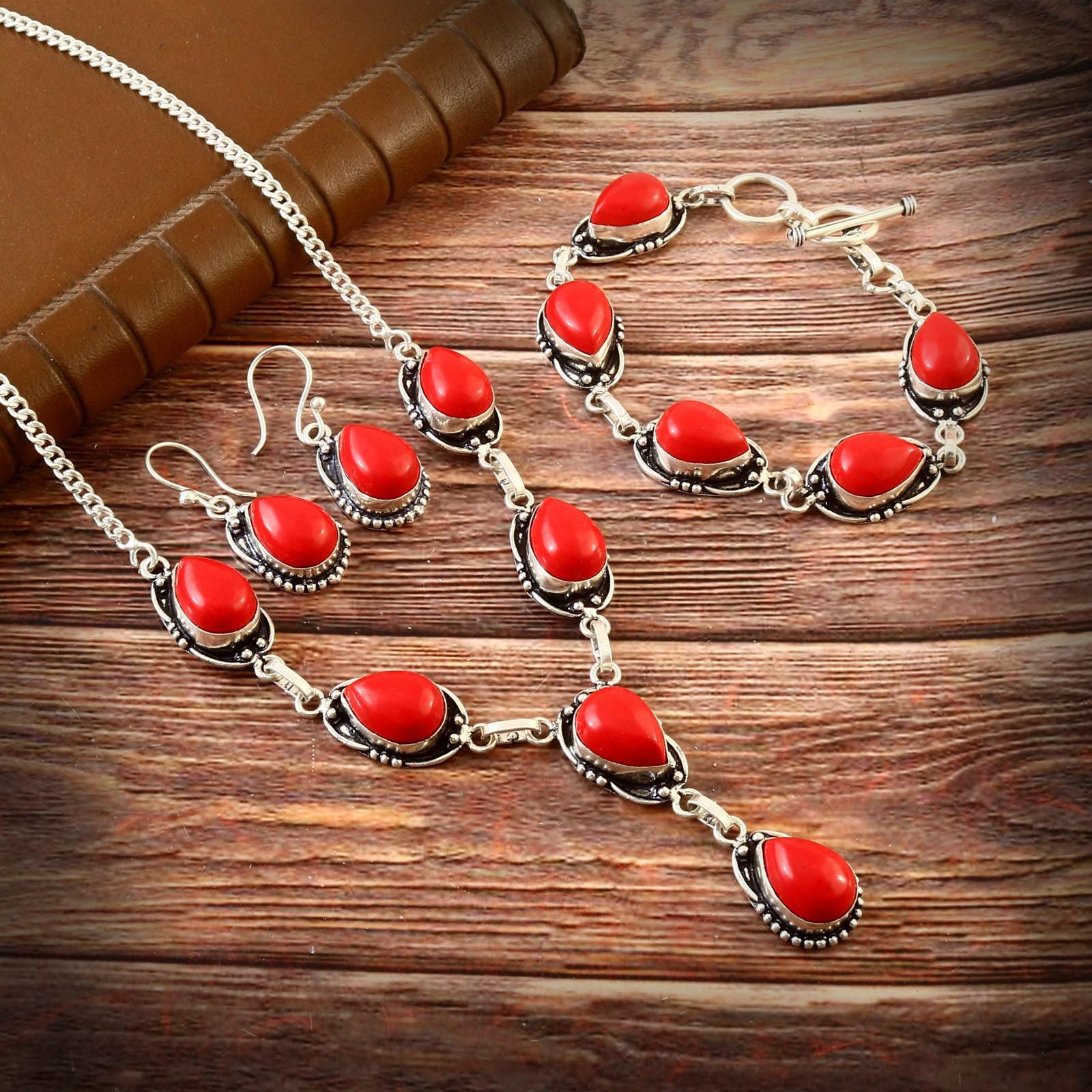 Ensemble De Bijoux Nature – Boucles D'oreilles Et Bague En Pierre Rouge Type Corail, Style Vintage