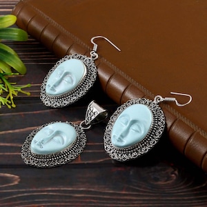 Moon face pendant earring set handmade pendant 925 sterling silver pendant gift for her  anniversary gift