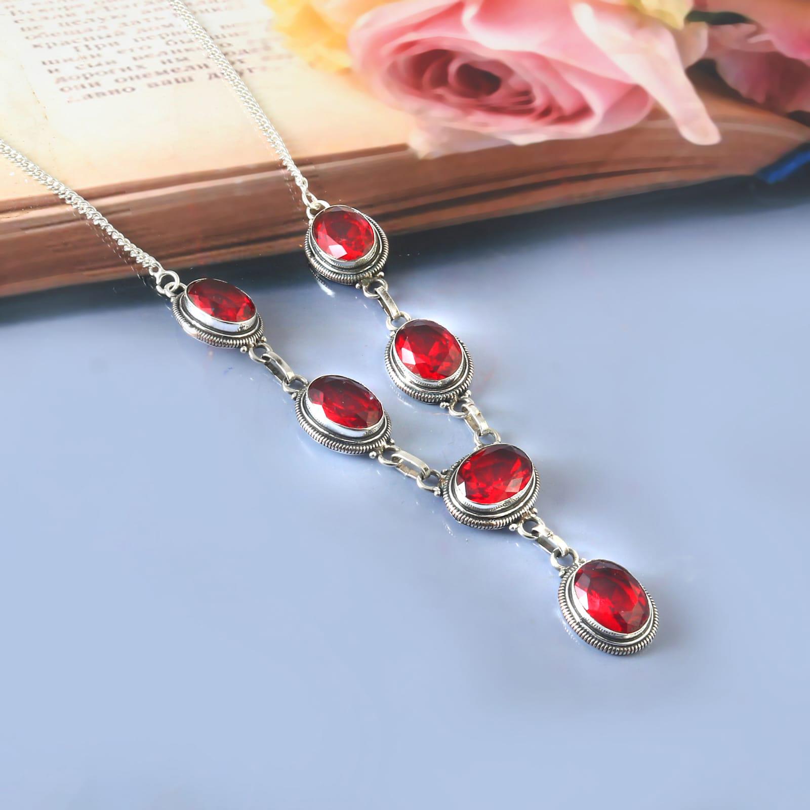 Collier En Argent Sterling 925 Fait Main Avec 5 Grenats Rouges - Bijou Artisanal