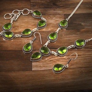 Peridot Halskette Armband Ohrring Set grüne Edelstein Halskette 925 Starling Silber Halskette Geschenk für sie Jahrestag Geschenk