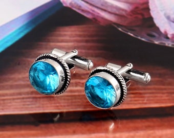 Blue topaz Gemstone Cufflinks,925 Sterling Silver Jewelry men.s Cufflinks, Gift for Love Father shirt Cufflinks, Gemstone Cufflinks