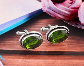 Peridot Green Gemstone Cufflinks,925 Sterling Silver Jewelry men.s Cufflinks, Gift for Love Father shirt Cufflinks, Gemstone Cufflinks