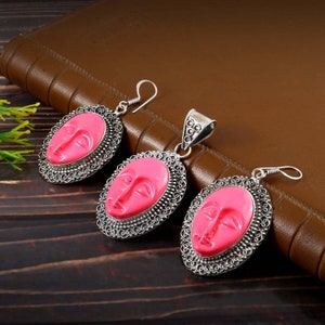 Moon face pendant earring set handmade pendant red gemstone pendant 925 sterling silver pendant gift for her  anniversary gift