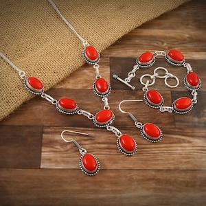 Red coral necklace bracelet earring set Red gemstone necklace 925 starling silver handmade necklace set gift for her/him birthday gift