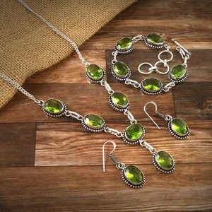 Peridot necklace bracelet earring set green gemstone necklace 925 starling silver necklace gift for her  anniversary gift