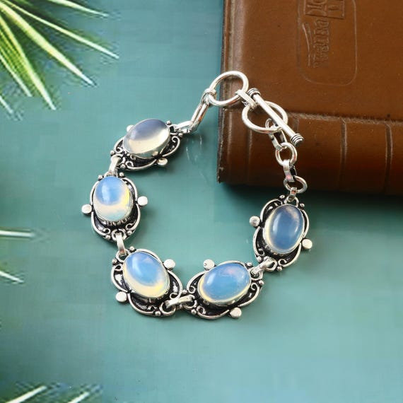 White Opal Bracelet, Handmade Bracelet White Gemstone Bracelet,925