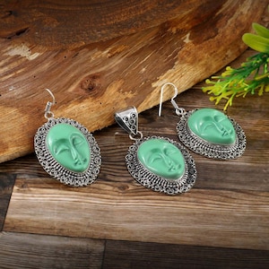 Moon face pendant earring set Green gemstone pendant earring set 925 sterling silver pendant gift for her  anniversary gift