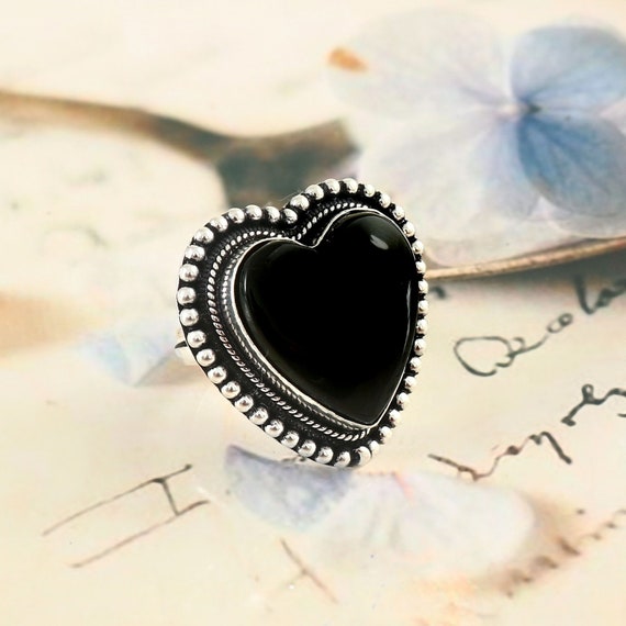 Heart shape Black Onyx ring gemstone ring 925 starling silver  ring gift for her anniversary gift